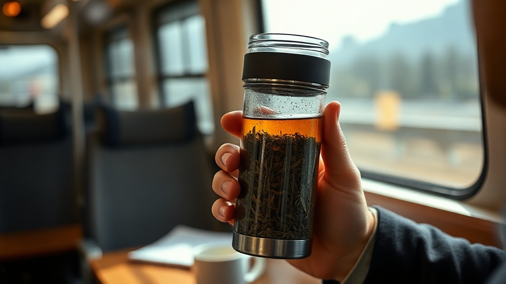 Thermos en verre double paroi avec feuilles de thé en vrac, posé sur un bureau ou dans un train