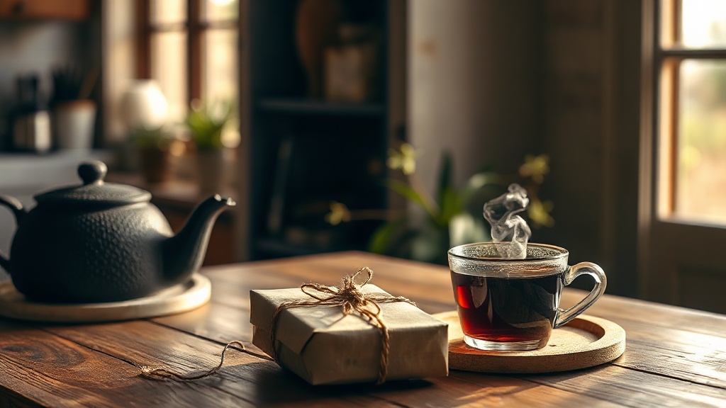 Théière en fonte japonaise posée sur une table en bois avec une tasse de thé fumante et un cadeau emballé
