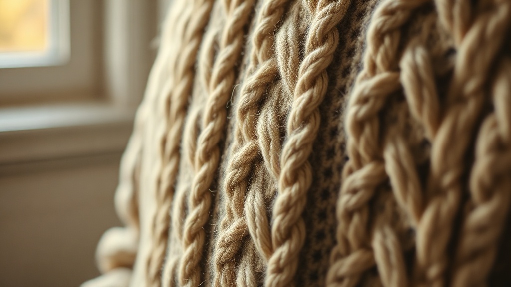Detail of chunky cable knit sweater in oatmeal showing rope-like cable crossings in warm side light
