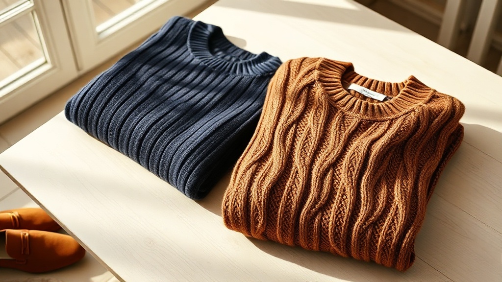 Navy ribbed cashmere and camel cable knit sweaters folded beside suede loafers on a pale wood surface