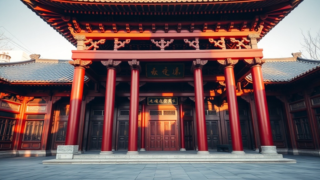 Façade de la salle principale du temple Kaiyuan de Zhengding, colonnes en bois laqué rouge et toiture à double avant-toit