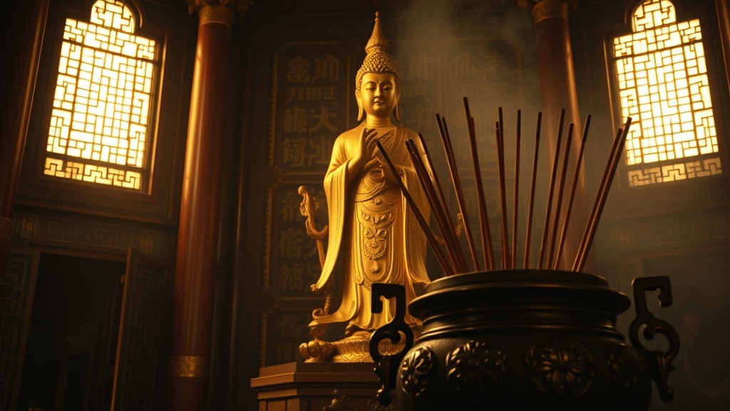 Grande statue dorée de Guanyin aux multiples bras dans le pavillon Moni du temple Kaiyuan, Zhengding