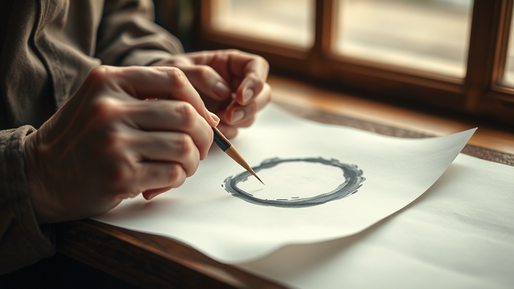 Mains tenant un pinceau au-dessus d'un cercle Ensō tracé à l'encre noire sur papier blanc