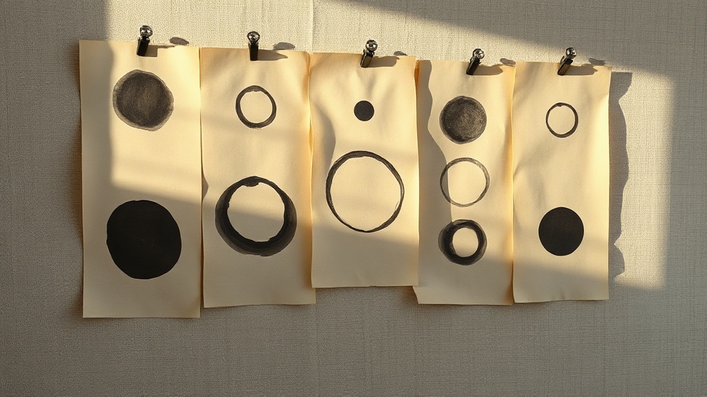 Collection de cercles Ensō tracés à l'encre sur papier washi, formes variées et imperfections visibles