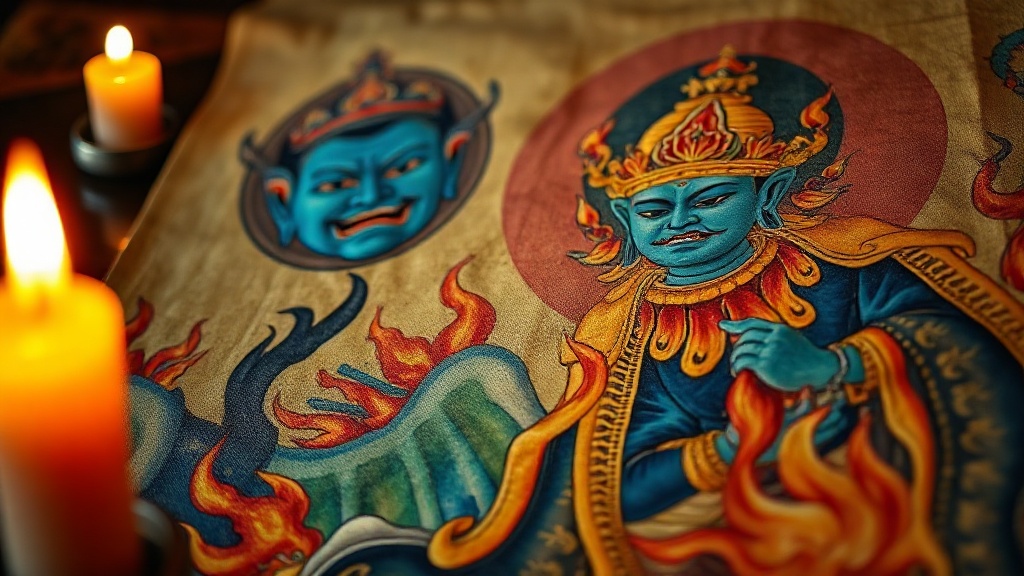 Detail of a Tibetan thangka painting showing a blue wrathful bodhisattva with flame crown and vajra, Vajrayana iconography