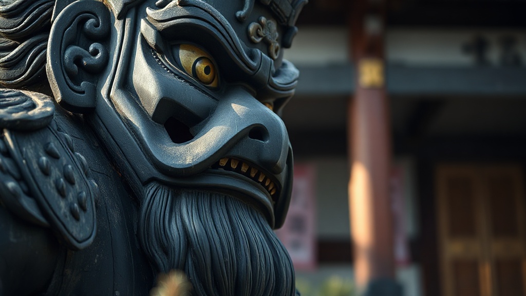 Close-up of a Japanese Nio wooden temple guardian statue, fierce expression, carved at a Buddhist temple entrance