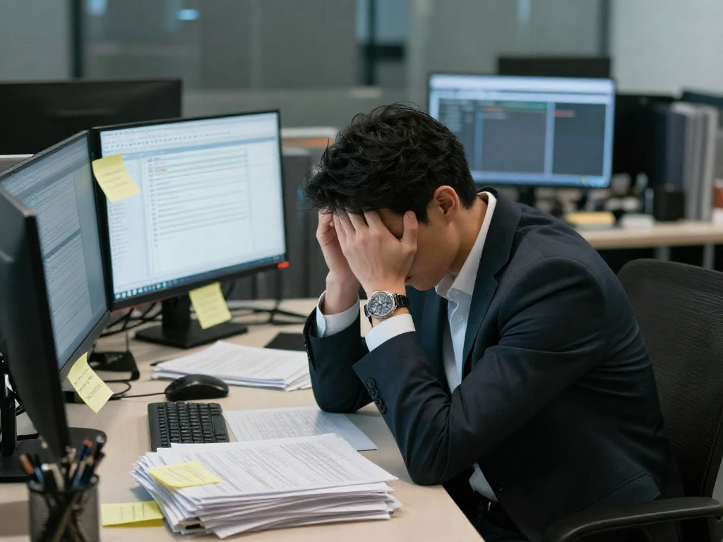 Overwhelmed business owner buried in manual tasks and paperwork