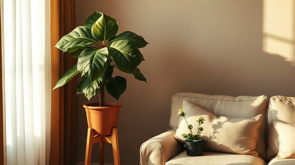 A large fiddle-leaf fig in a terracotta pot beside a sofa in a warm-lit living room, with a small jade plant on a side table