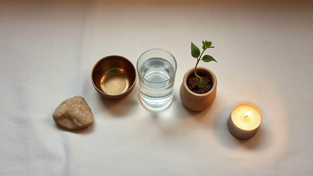 Five objects representing the Wu Xing five elements arranged on a linen surface: stone, copper bowl, water glass, plant cutting, candle