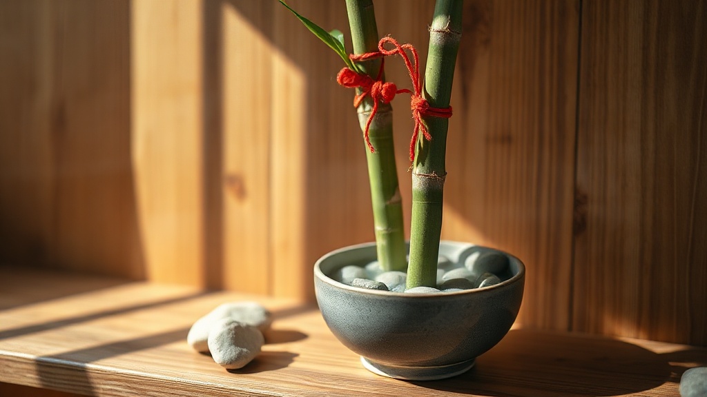 Three lucky bamboo stalks tied with red cord standing in a ceramic bowl with pebbles and water on a wooden shelf