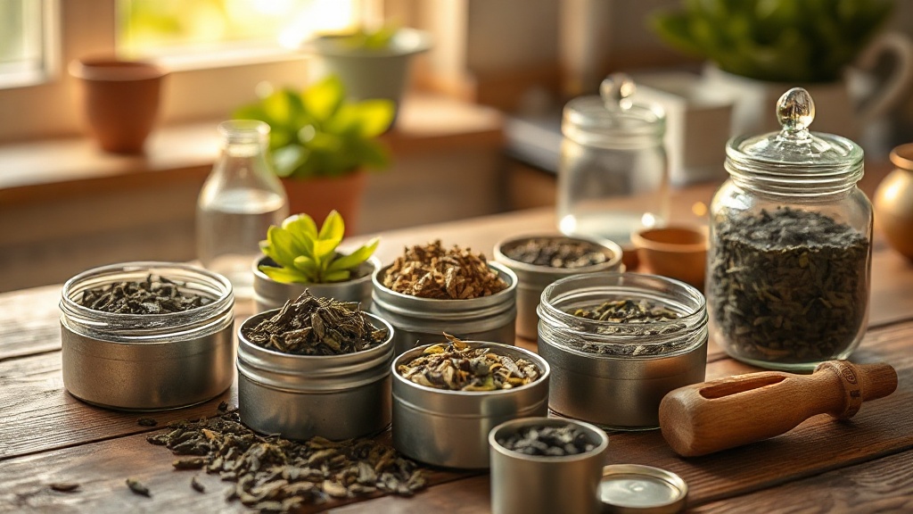 Différentes variétés de thé en vrac dans des boîtes en métal et bocaux en verre pour un coffret personnalisé