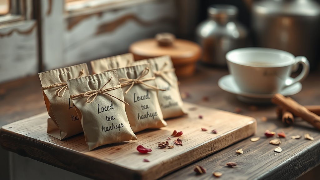 Petits sachets de thé en papier kraft étiquetés à la main pour composer un coffret maison