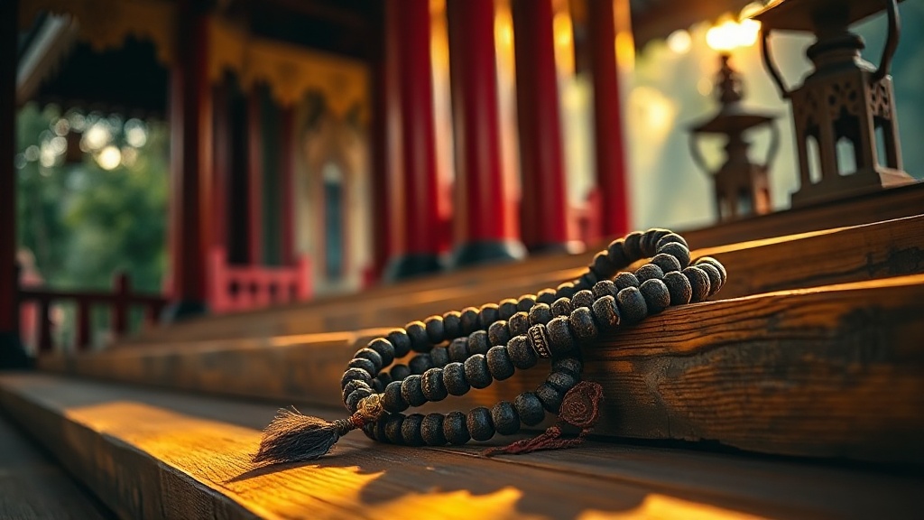Mala bouddhiste posé sur les marches d'un temple en bois aux colonnes rouges, lumière matinale dorée