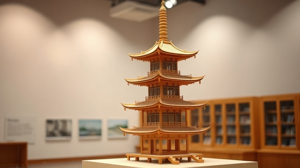 Maquette architecturale d'une pagode chinoise à neuf étages inspirée du Temple Yongning, montrant le système de consoles dougong