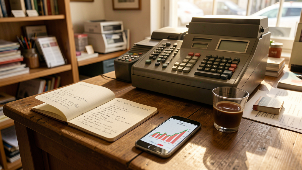 Comptoir de boutique avec telephone affichant un graphique d'audience en baisse et carnet de notes