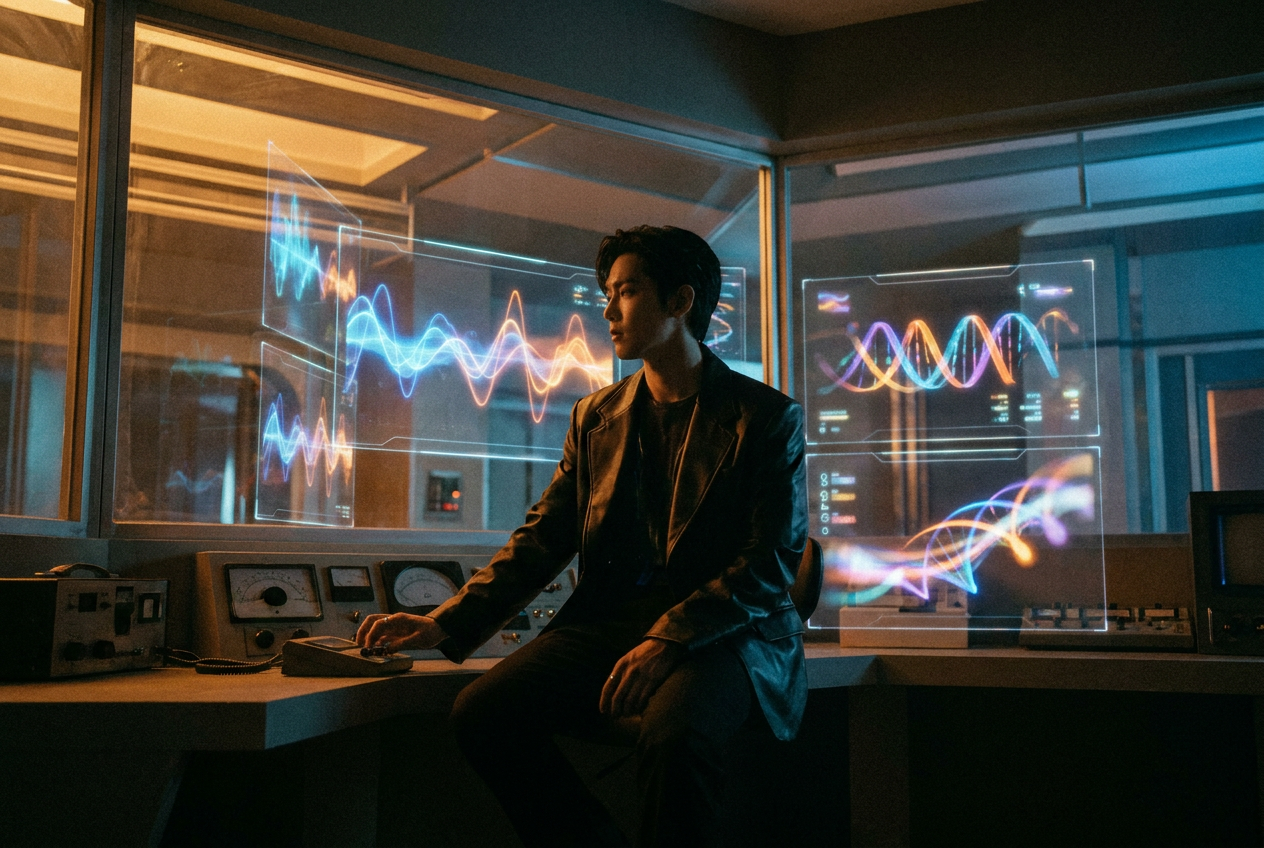 alt text: A futuristic dashboard showing music waveforms being broken down into color-coded DNA-like component strands