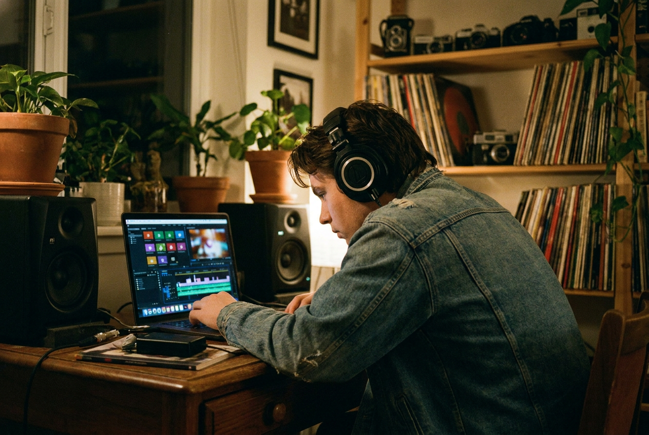 alt text: An independent musician working at a laptop with multiple AI tool interfaces visible on screen