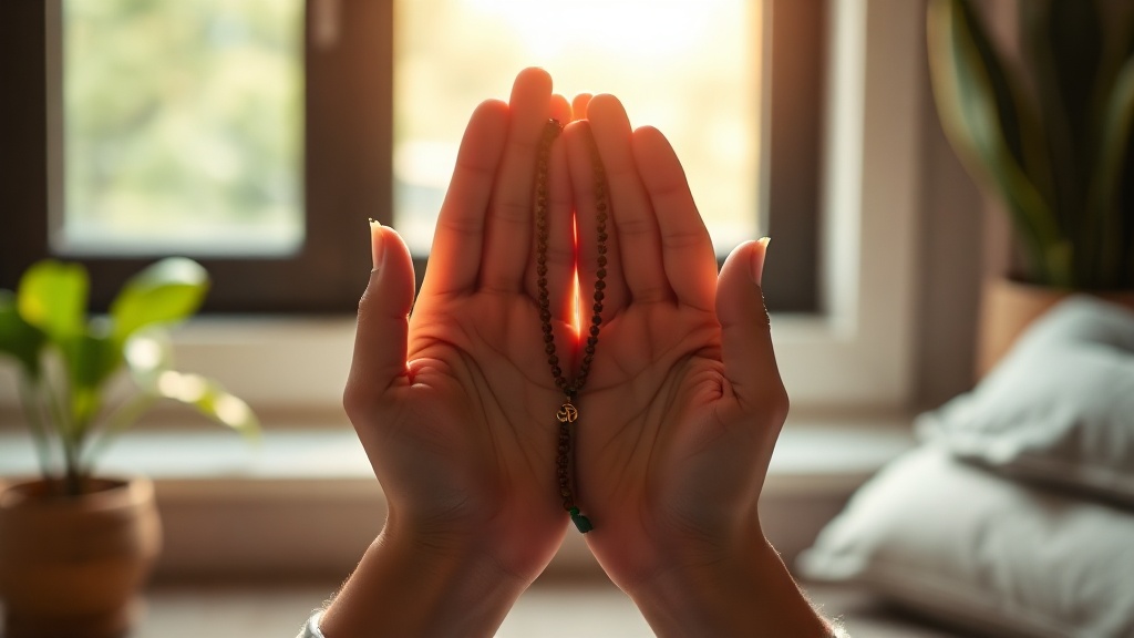 Mains en mudra tenant un mala avec pendentif symbole Om, lumière naturelle douce