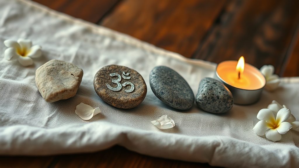 Quatre galets disposés symbolisant les quatre états de conscience liés au symbole Aum
