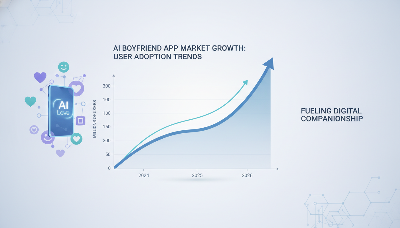 AI boyfriend app market growth chart showing user adoption trends from 2024 to 2026