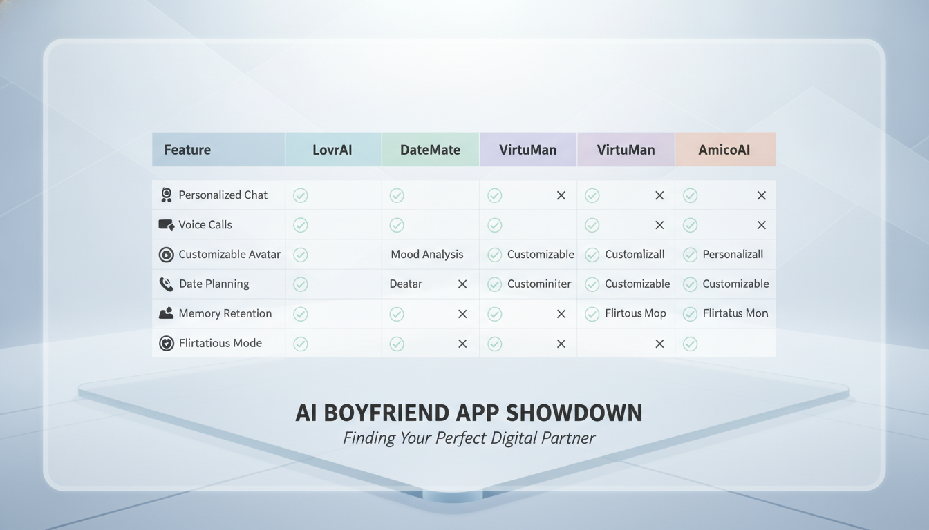 Comparison table of AI boyfriend app features across major platforms