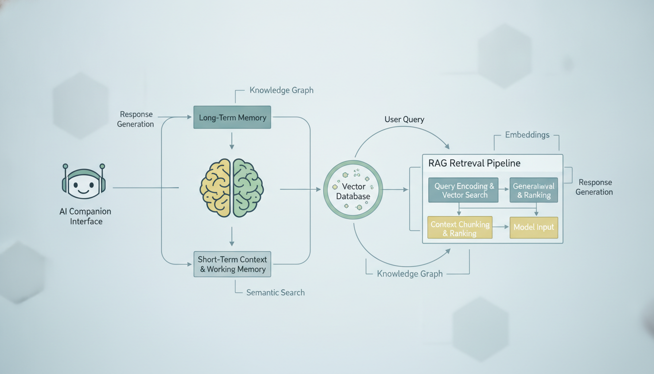 Diagram showing how AI companion memory architecture works with vector databases and RAG retrieval pipeline