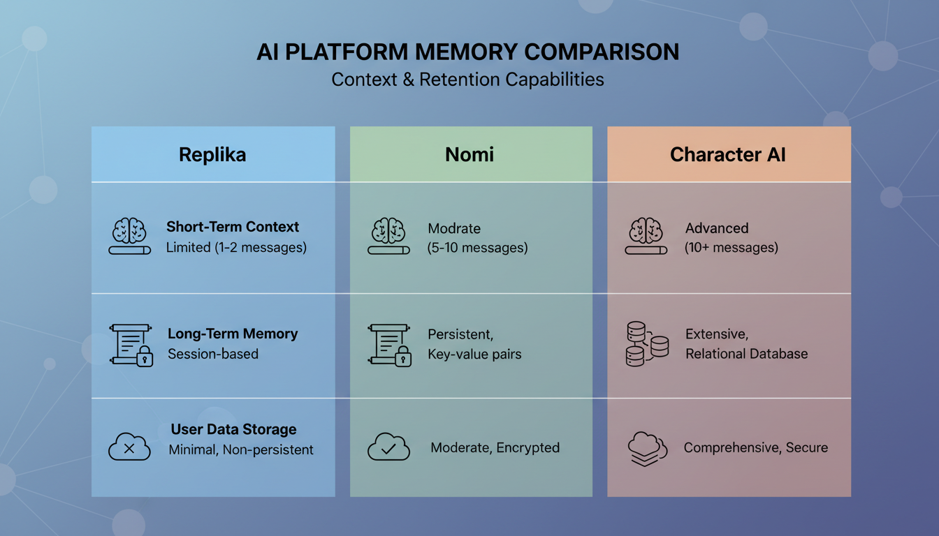 Comparison chart showing memory capabilities across Replika, Nomi, and Character AI platforms