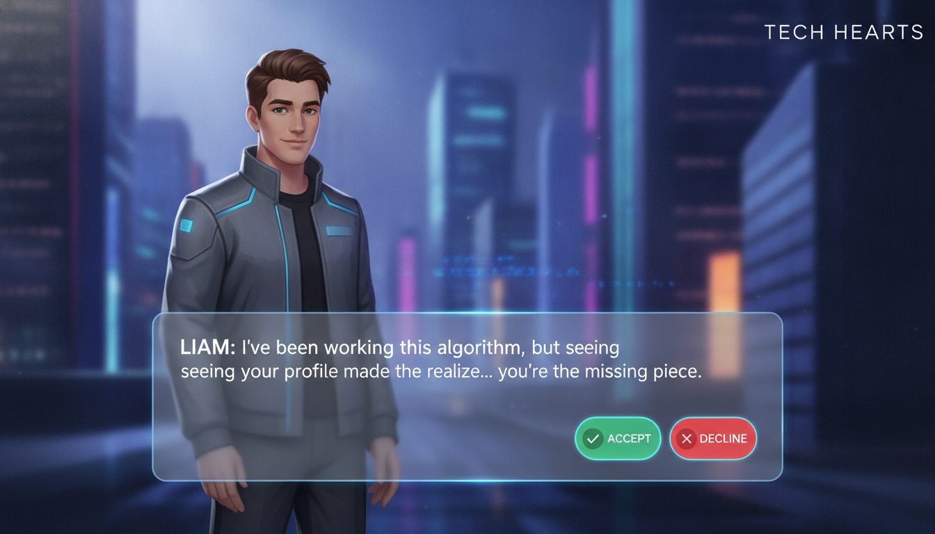 Screenshot of a polished dating simulator UI showing custom dialogue box, character sprite, and background