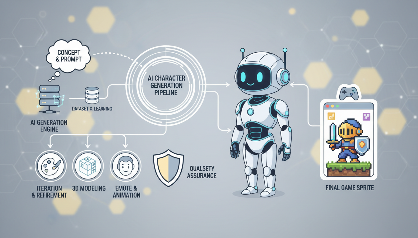 Workflow diagram showing the AI character generation pipeline from concept to final game sprite