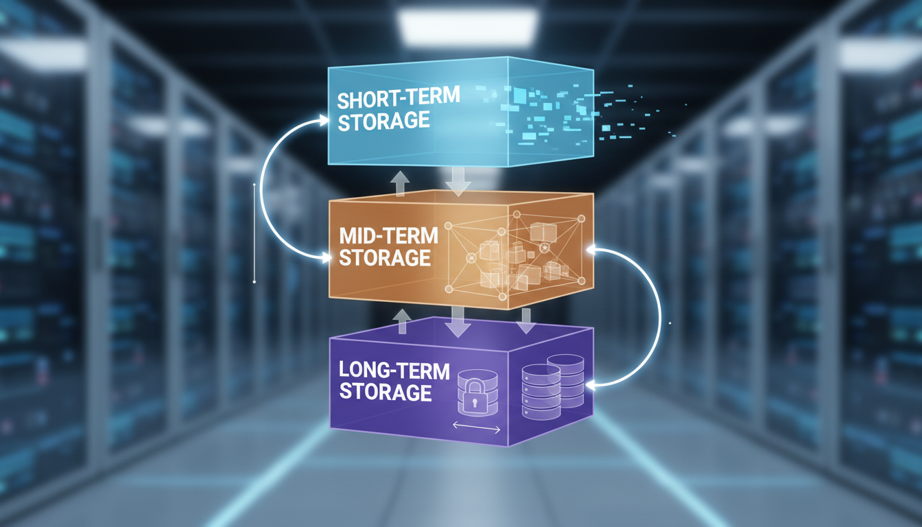 Architecture diagram showing multi-tier memory system with short-term, mid-term, and long-term storage