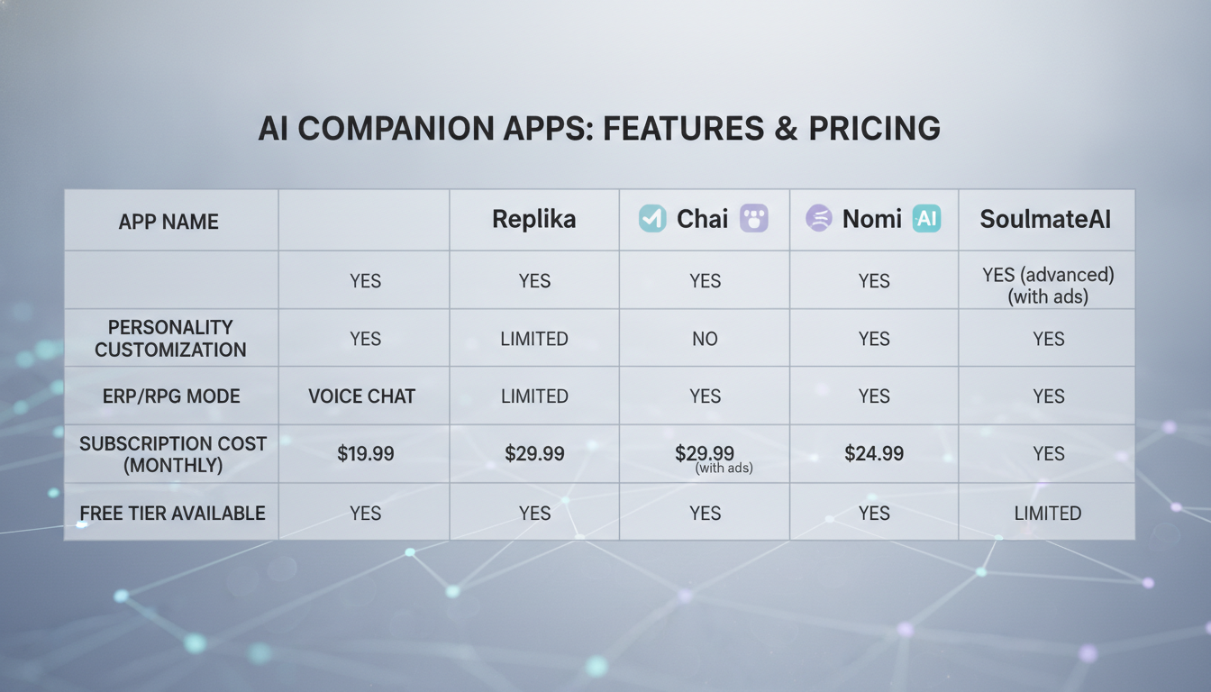 Comparison chart of top AI girlfriend apps features and pricing