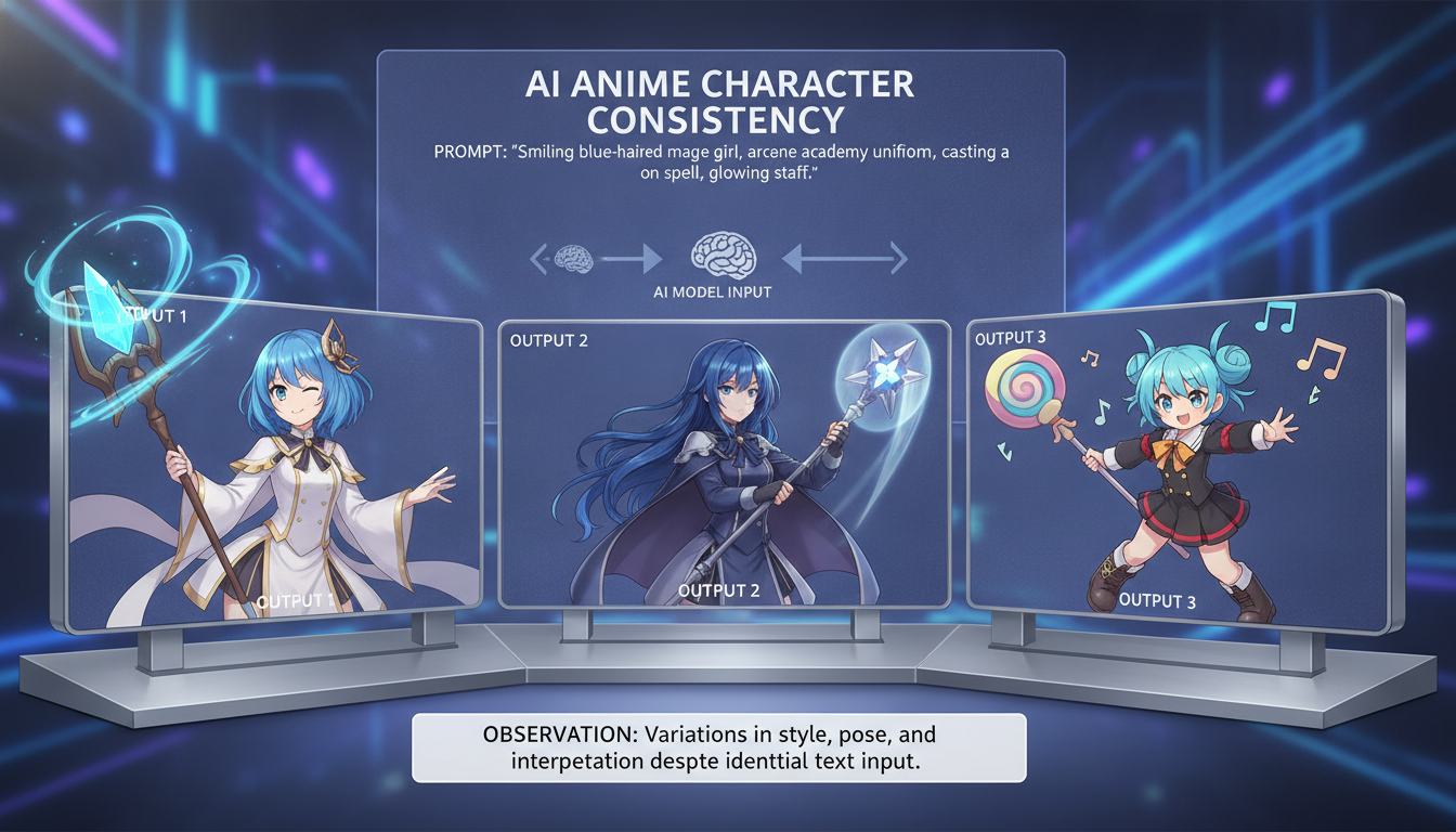 AI anime character consistency comparison showing different outputs from the same prompt