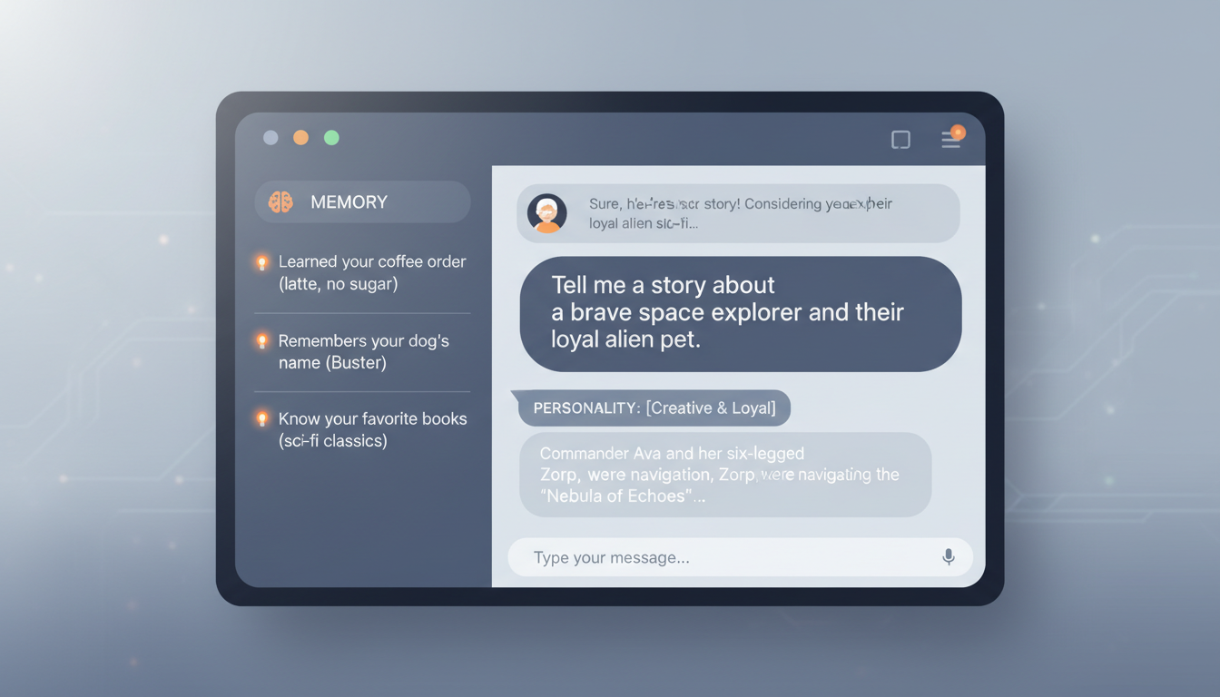 Screenshot of AI companion conversation showing memory and personality features