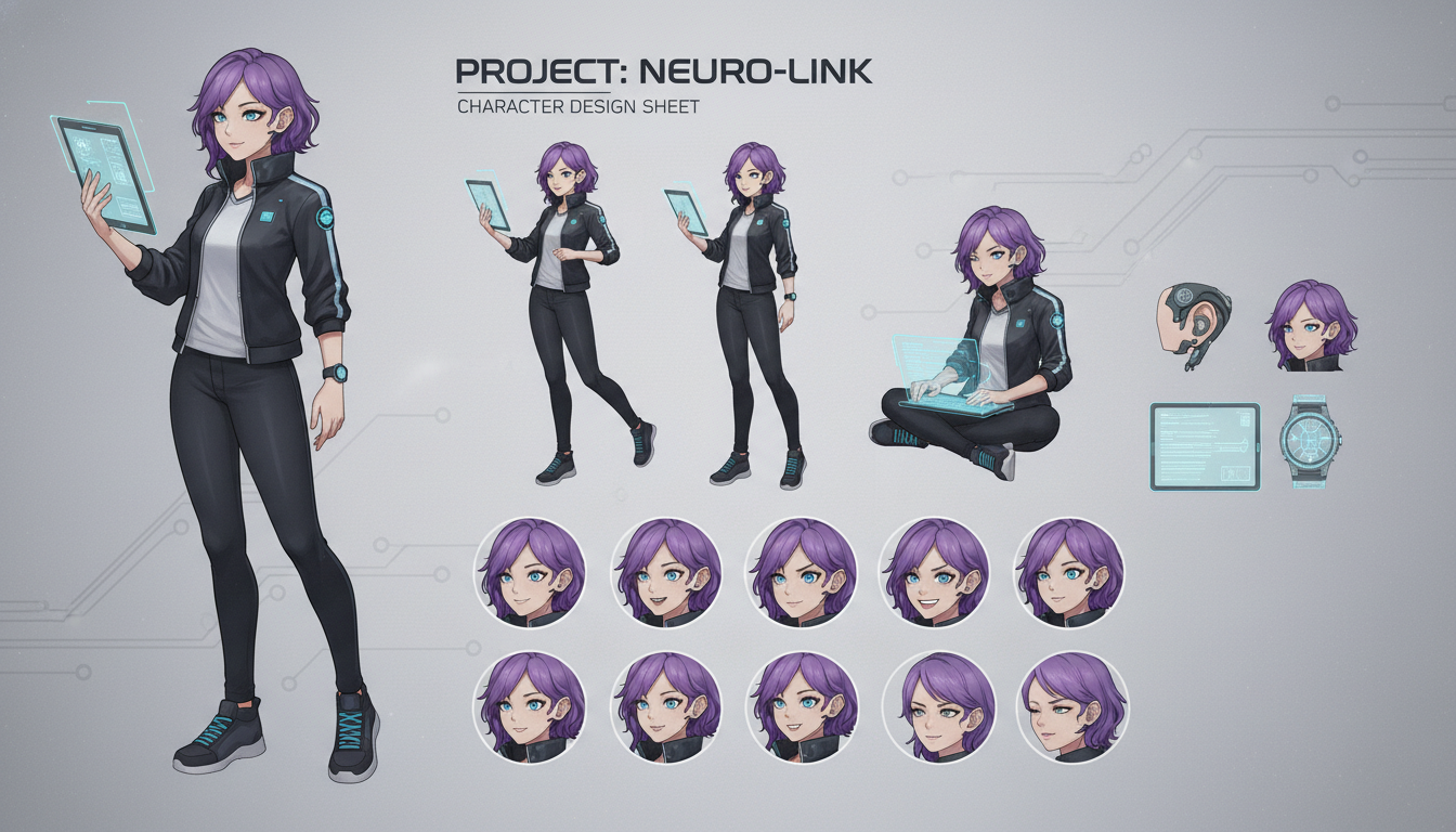 Complete anime character sheet showing consistent design across multiple poses and expressions