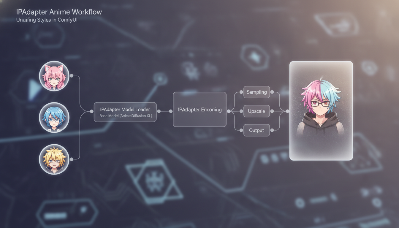 IPAdapter anime workflow in ComfyUI showing reference images and output