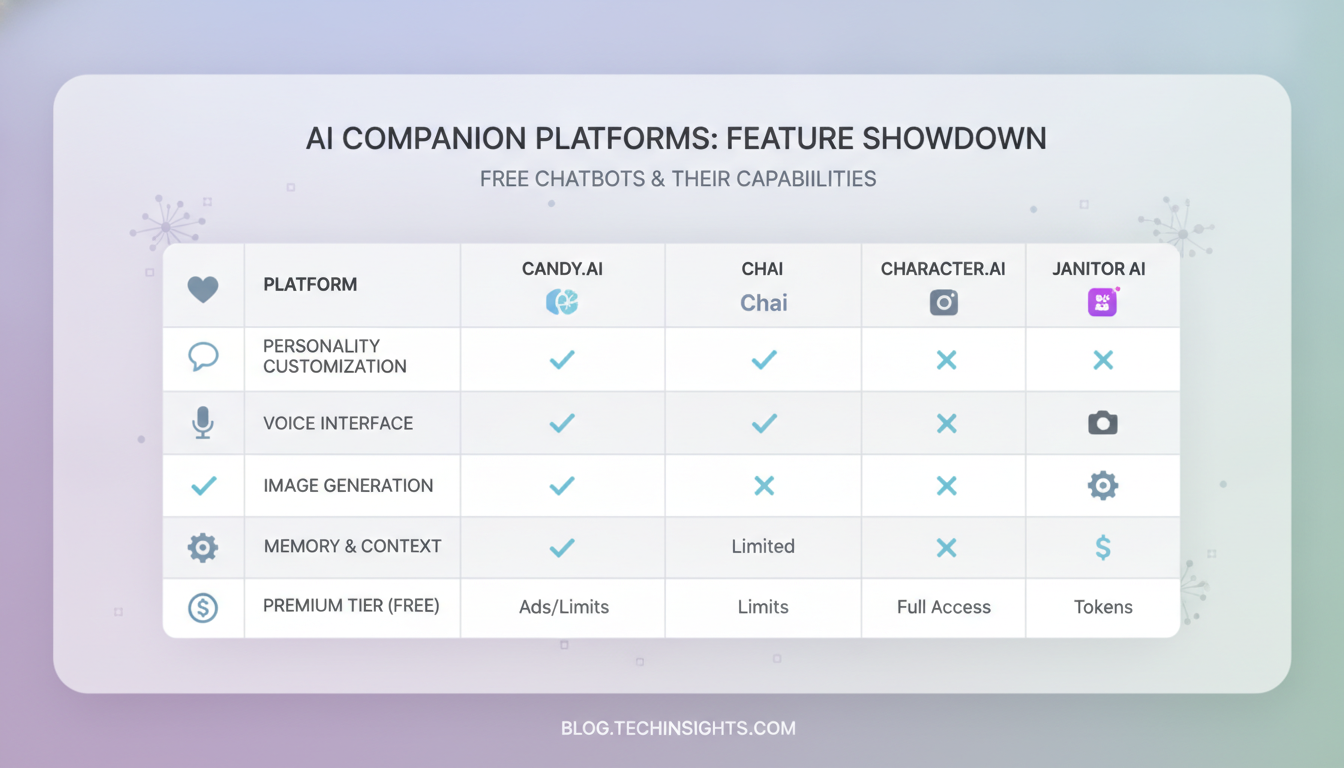 Comparison chart of free AI girlfriend chatbot platforms and their features