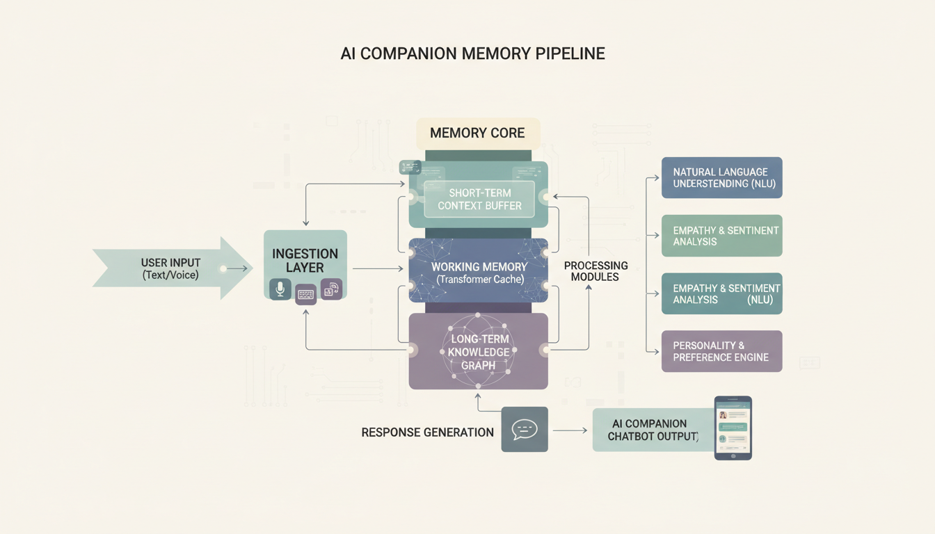 Architecture diagram showing memory pipeline for AI companion chatbot