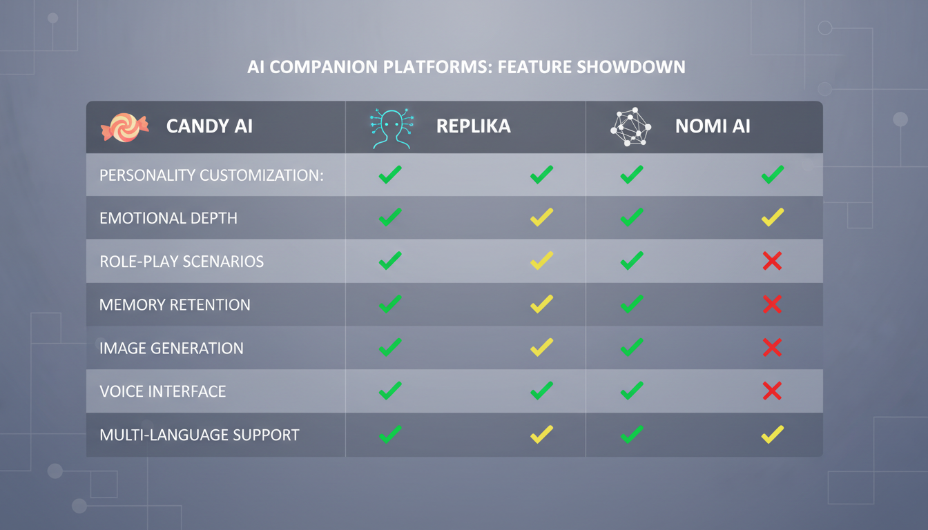 Comparison chart showing feature differences between Candy AI, Replika, and Nomi AI