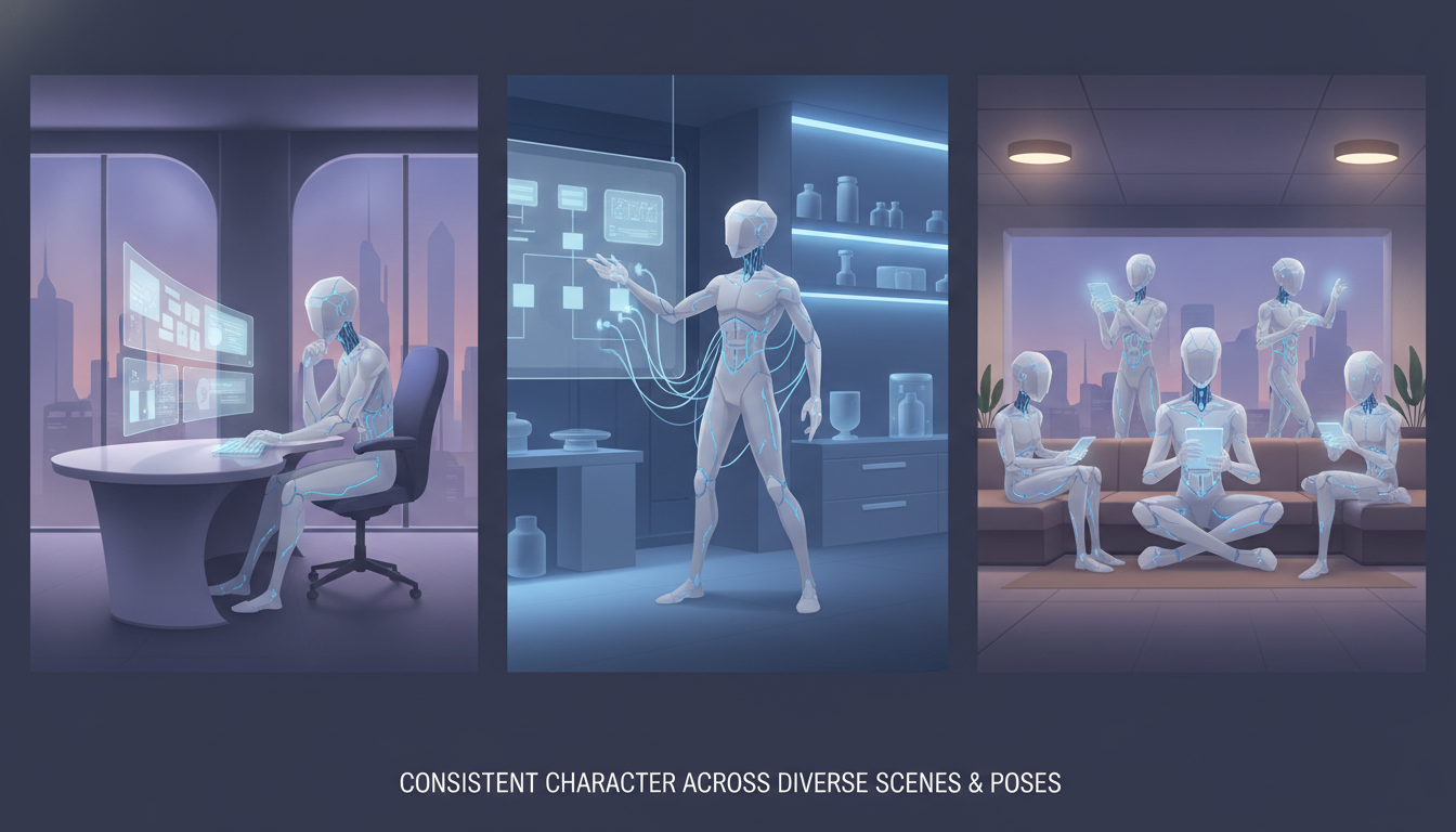 Example of consistent character generated across different scenes and poses