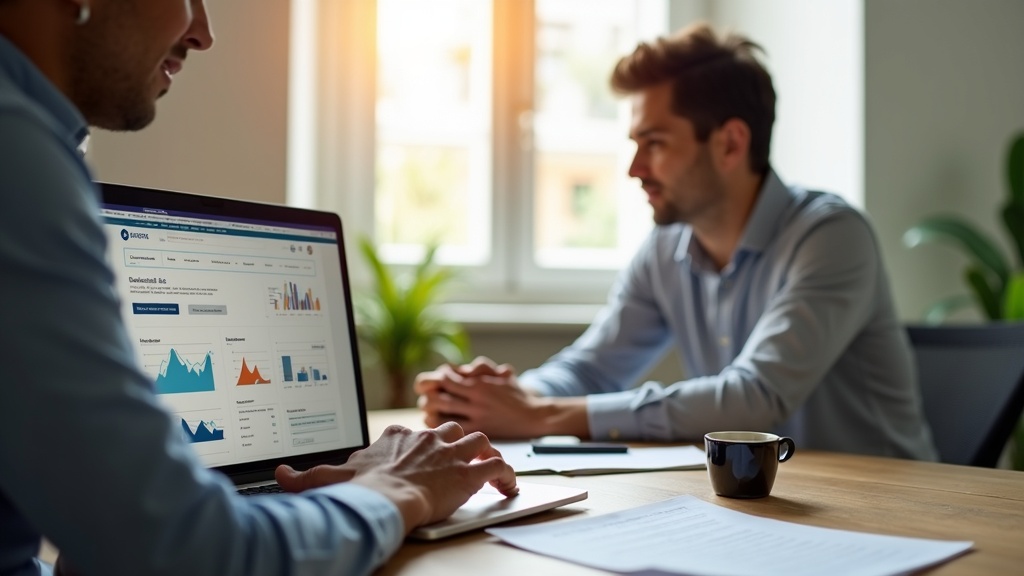 Profissional brasileiro analisando no notebook o site institucional e o blog para atrair clientes locais.