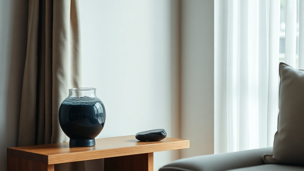 Calm living room corner with a tabletop water fountain, blue ceramic vase, and black stone on a wooden shelf representing the North feng shui direction