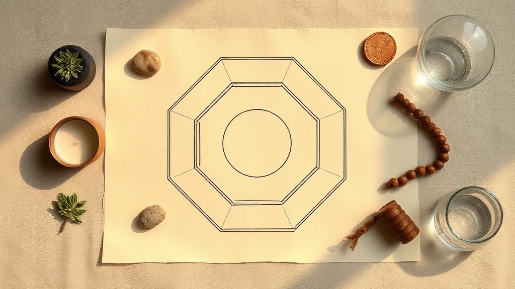 Flat-lay of a bagua octagon diagram on cream paper surrounded by eight symbolic feng shui objects