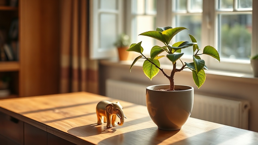 Golden elephant figurine and jade plant on a sideboard in a warm south-facing room, illustrating feng shui South and Southwest decor