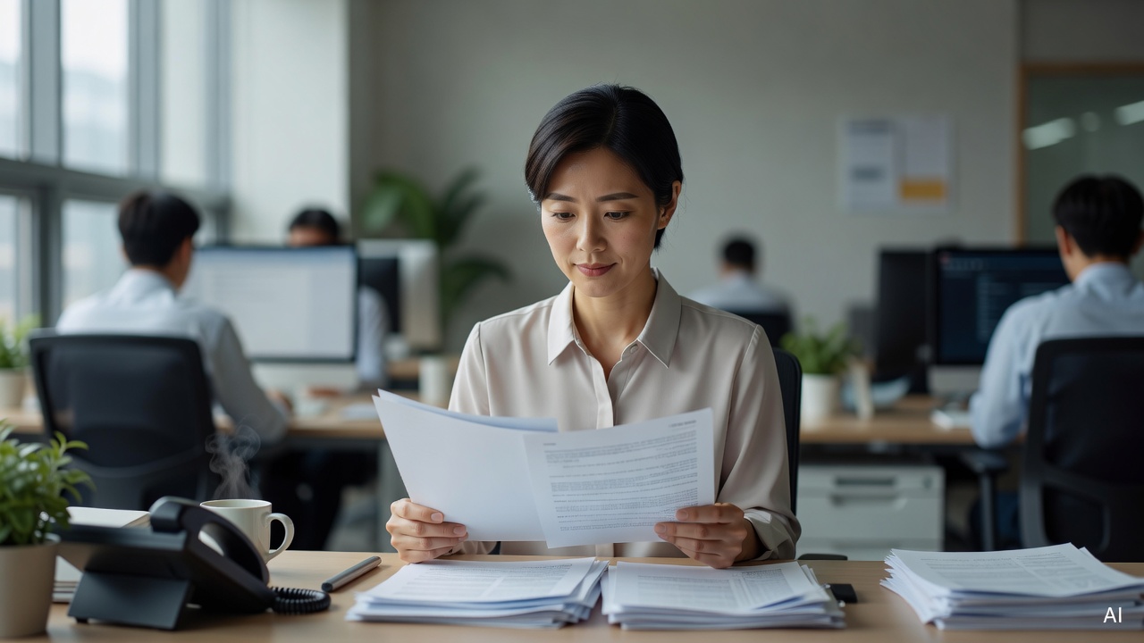 Korean woman in her 30s, short black hair, reviewing printed documents at an office desk