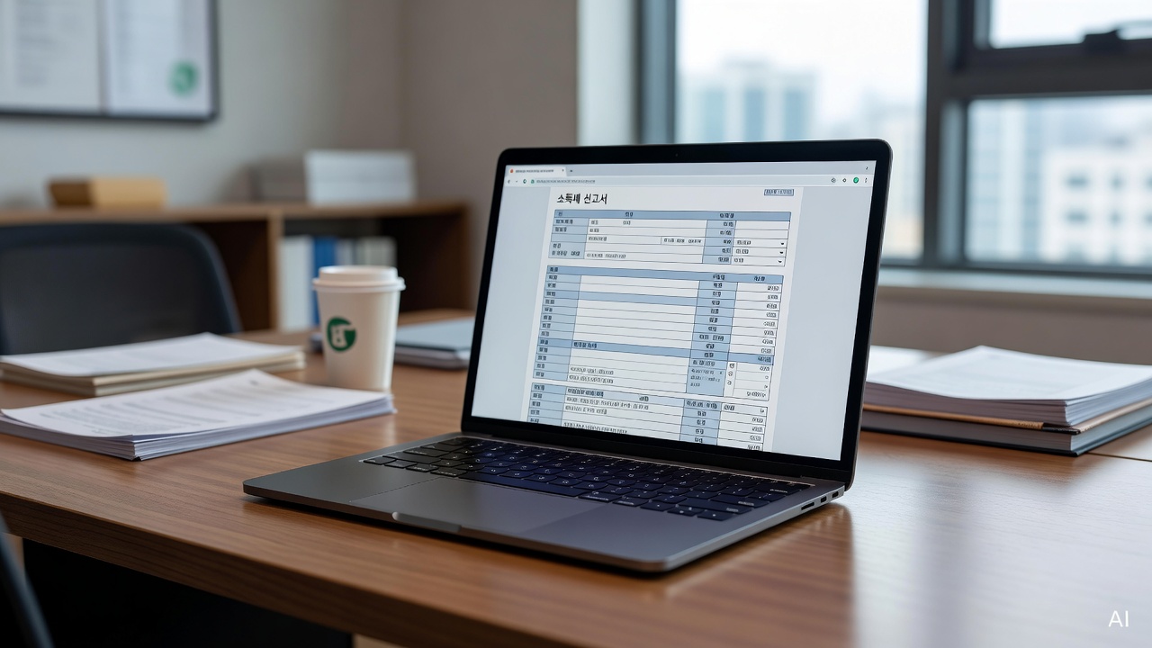 laptop screen showing tax filing form on a wooden desk
