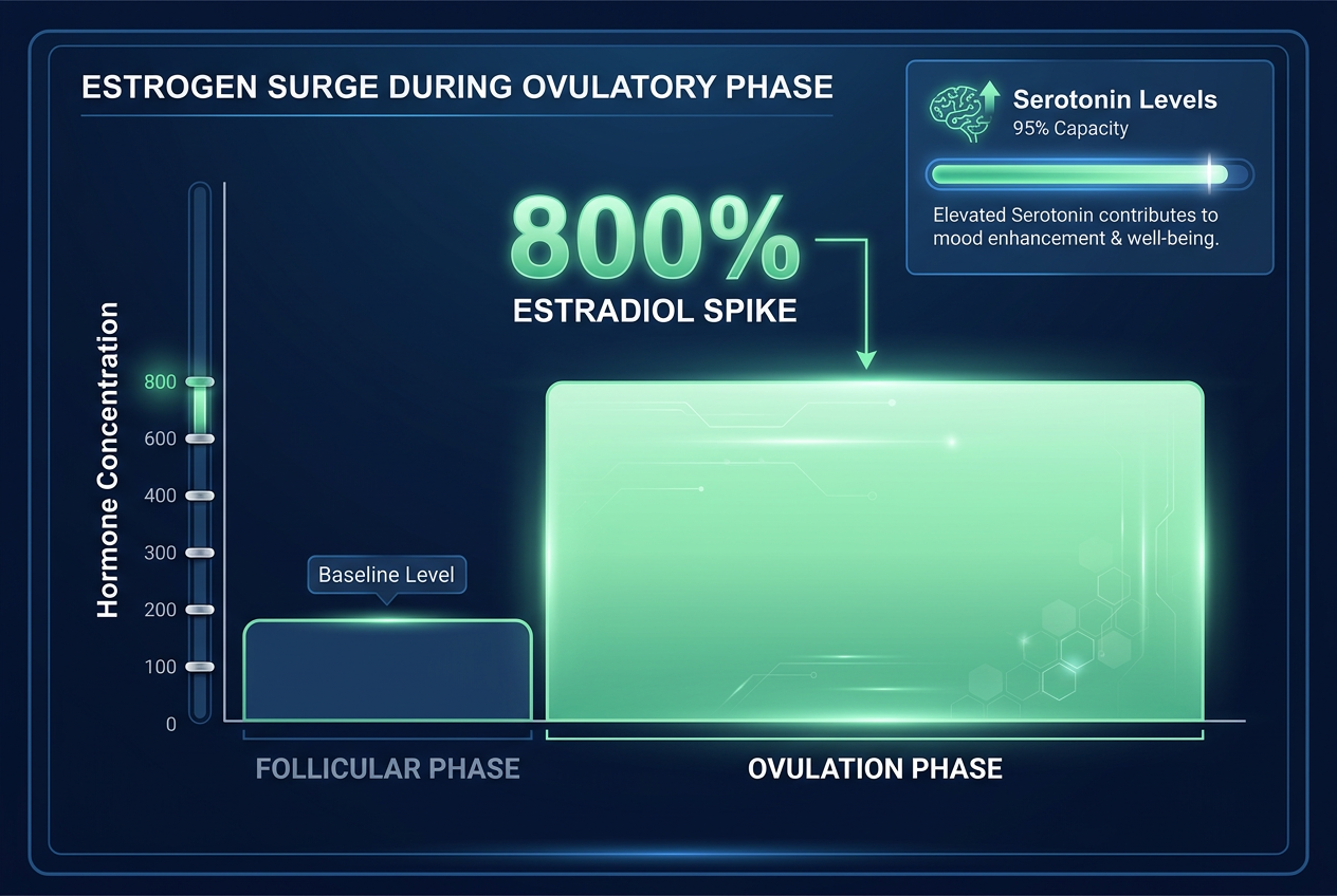 Bar chart showing an 800 percent increase in estradiol during a woman's ovulation phase compared to other phases of the menstrual cycle.