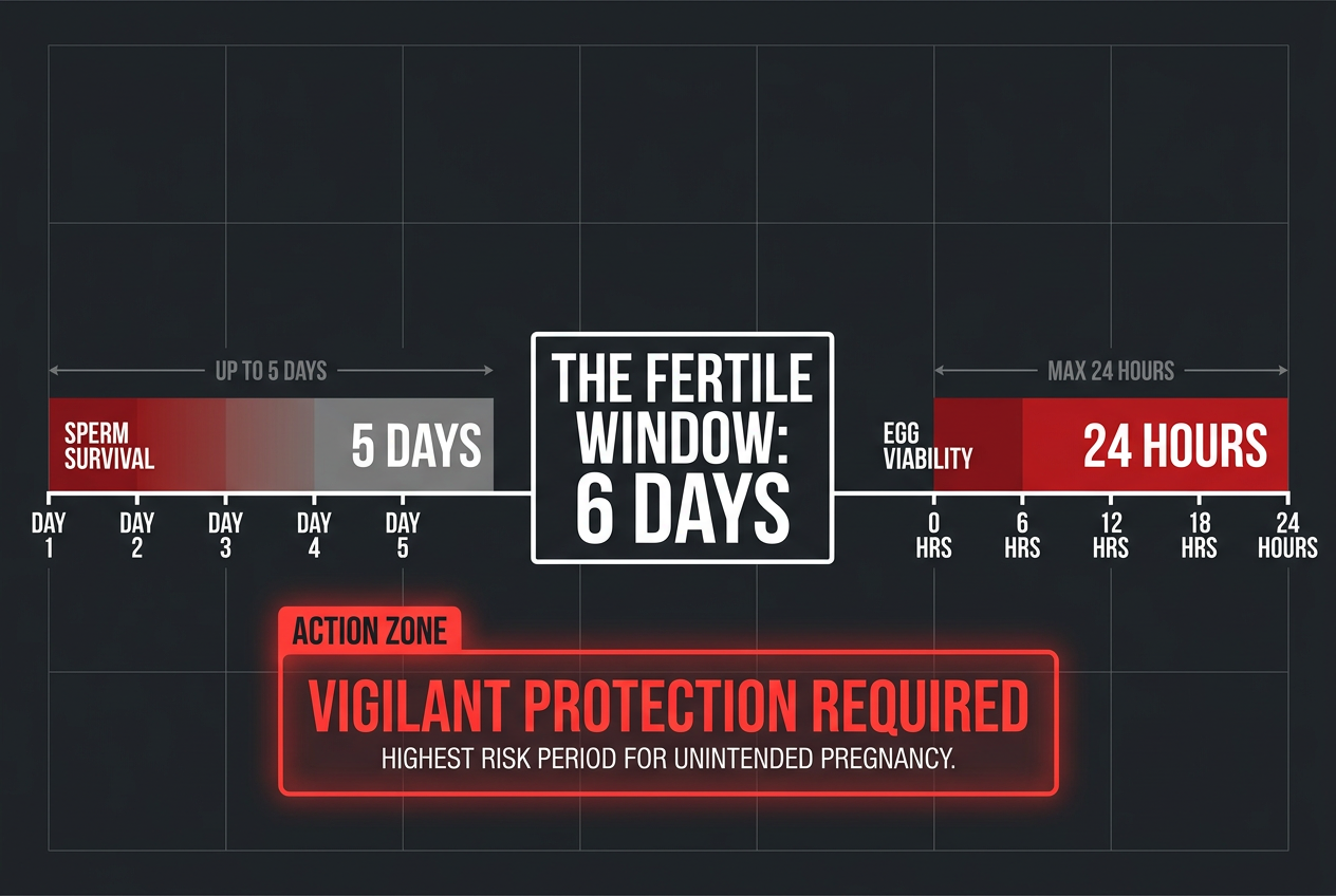 Graphic showing the 6-day fertile window, comparing 5-day sperm survival with a 24-hour egg viability period for birth control awareness.