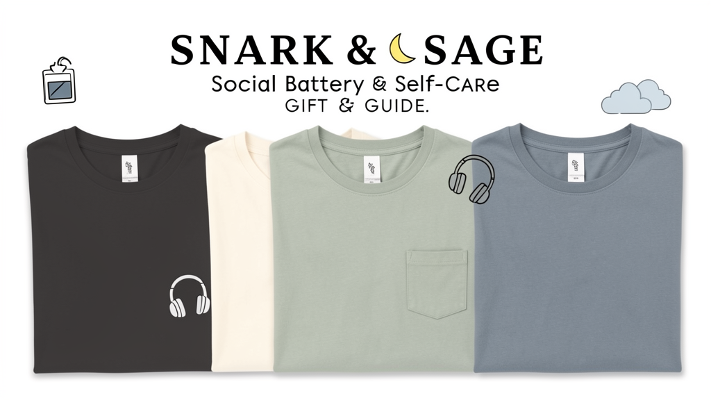 Folded self-care graphic tees in sage, ivory, charcoal, and dusty blue with low battery and moon icons.