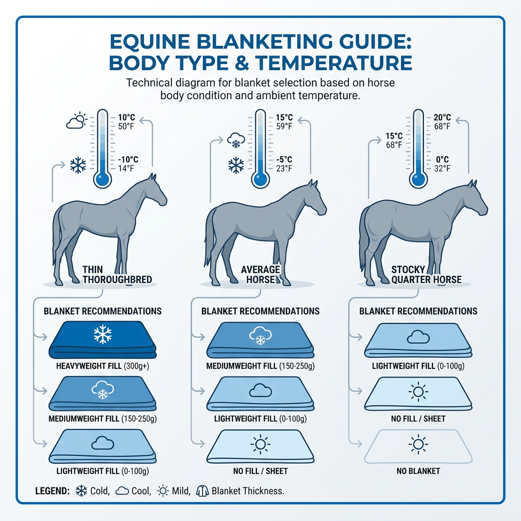 A visual diagram showing different horse blanket fill weights (0g, 150g, 300g) with temperature ranges and horse body types