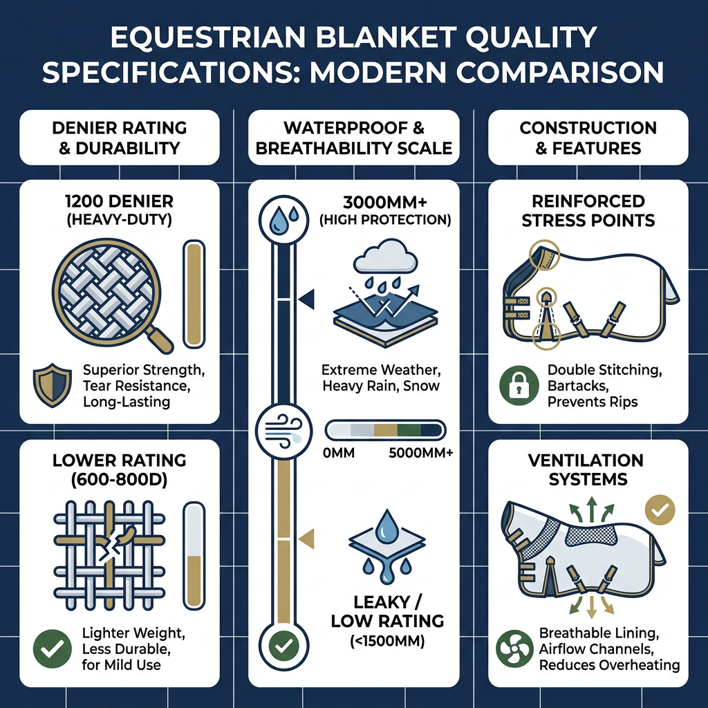 Comparison chart of blanket features showing denier ratings, waterproof levels, and construction quality indicators